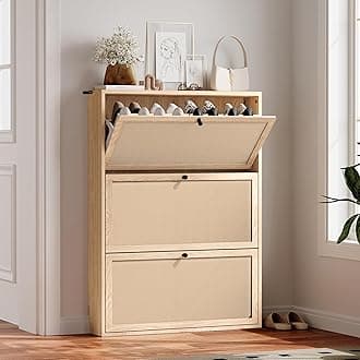 AVZEAR Narrow Shoe Storage Cabinet for Entryway with Natural Linen Panel, Freestanding Slim Shoe Cabinet with 3 Flip Drawers, Wood Shoe Organizer Closed Shoe Rack for Hallway, Living Room(Natural)