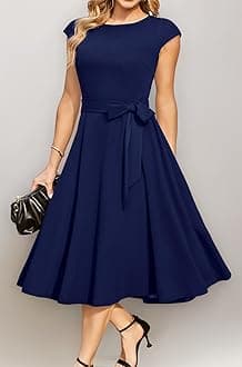 Women's Cocktail Dresses, Formal Wedding Guest Modest Church Vintage Tea Party Midi Evening Dress, Navy, Large