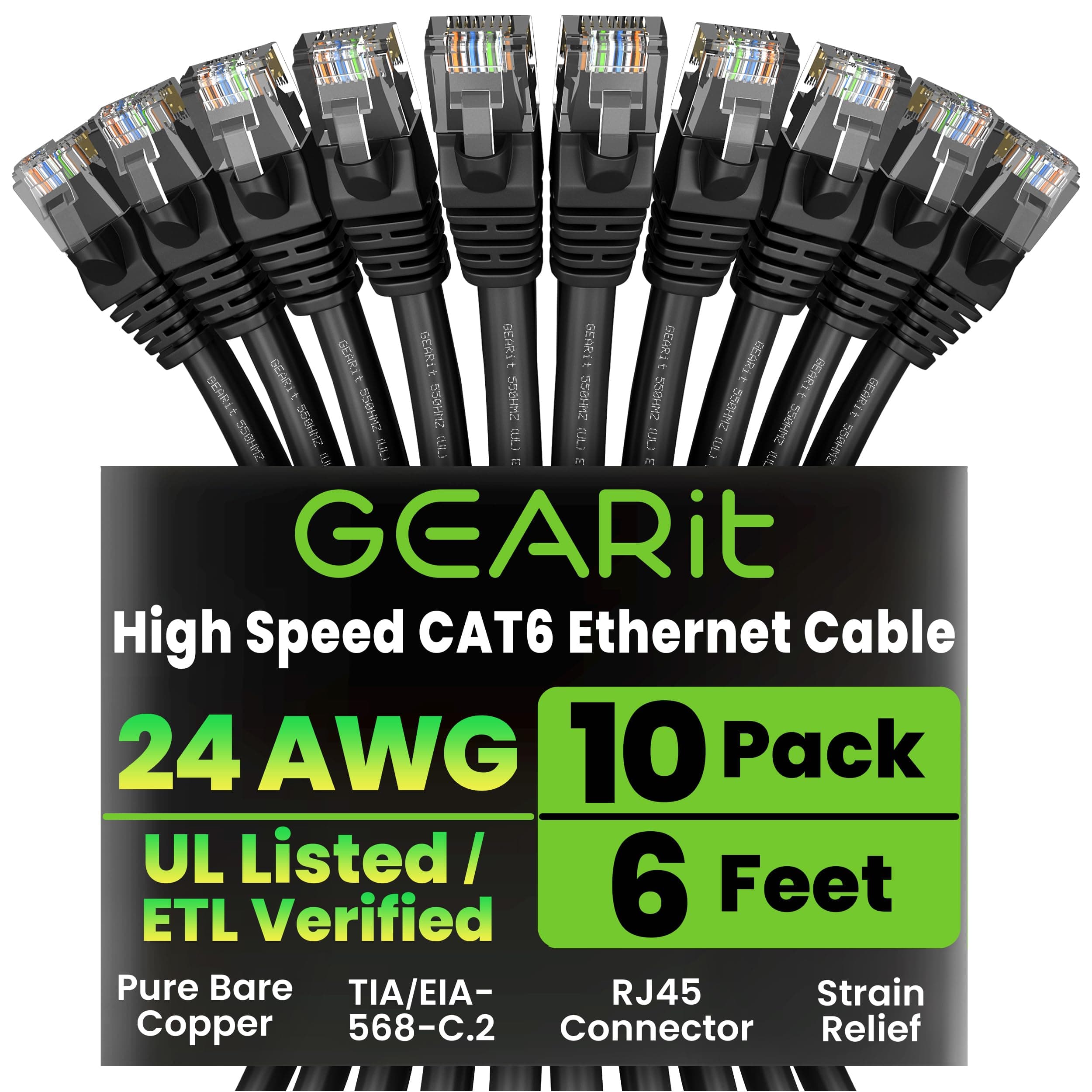 Cat 6 Ethernet Patch Cable 6ft Black (10 Pack) — Cat 6 Patch Cables / Ethernet Patch Cable, 10Gbps 550MHz 24AWG Pure Copper, Snagless, Gold Plated RJ45 for Router, Server, Router, PC
