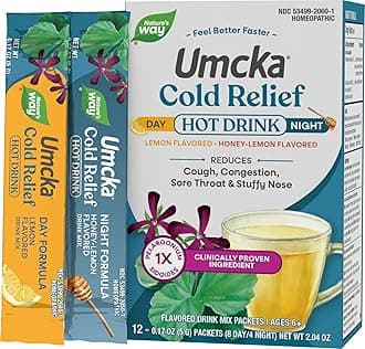 - Nature’s Way Umcka Cold Relief Hot Drink, Day & Night Homeopathic Cold Medicine with Clinically Proven Ingredient for Cough, Congestion, Sore Throat, Lemon & Honey Flavored Packets, 12 Count