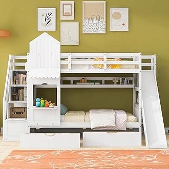 MERITLINE Twin Over Twin Bunk Bed for Kids, Castle Bunk Beds with 2 Drawers 3 Shelves and Slide, Solid Wood Twin Bunk Bed for Kids Girls Boys Teens (White)