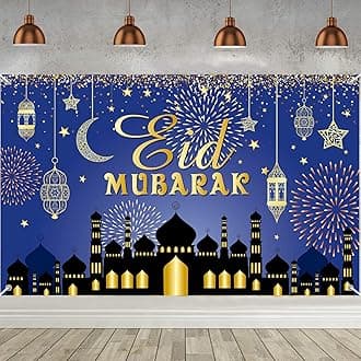 Large Eid Mubarak Party Decorations, Blue and Gold Ramadan Mubarak Backdrop Banner, Muslim Ramadan Banner Photo Booth Backdrop for Eid Mubarak Indoor and Outdoor Home Decor