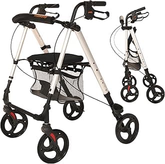 MobiQuip Lightweight 4-Wheel Aluminium Rollator with Seat, 6.4kg - Silver Frame with Black Seat - Folding Mobility Walker with Basket, Loop Brakes, Walking Stick Holder - Height Adjustable