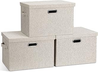 Graciadeco Large Quart Collapsible Stackable Storage Bins with Lids, 3 Packs Beige Linen Fabric Closet Boxes with Lids, Storage Cube Baskets Container Organizers for Bedroom Office(16.6 x 11.7 x 10.8)