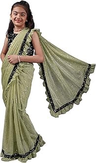 Kids Girls Lycra Blend Saree With Unstitched Sequence Blouse Piece (3-4 yrs to 11-12 yrs) (Pista, 11-12 Years - XL)