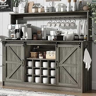 4ever2buy Farmhouse Coffee Bar Cabinet with 8 Hooks, 55” Kitchen Hutch Cabinet with Storage, Gray Coffee Bar with Sliding Barn Doors and 12 Racks for Living Dining Room, Wash Gray