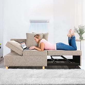 SEJOV Sofa Bed Chair 4-in-1 Convertible Chair Bed, 3-Seat Linen Fabric loveseat Sofa with 2 Throw Pillow, Single Recliner for Small Space with 5 Adjustable Backrest, Brown Grey