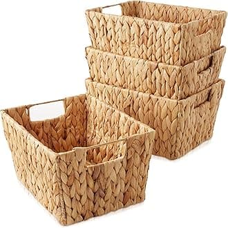 Casafield Set of 4 Water Hyacinth Storage Baskets with Handles - Natural, Woven Storage Bins for Shelves, Blankets, Laundry Organization