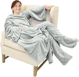 Wearable Fleece Blanket with Sleeves and Foot Pockets for Adult Women Men, Micro Plush Comfy Wrap Sleeved Throw Blanket Robe Large, Grey