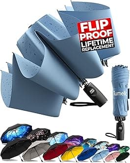 TUMELLAFlip-proof Inverted Travel Umbrella, Small Strong but Light Portable and Automatic Reverse Folding Rain Umbrella, Durable Premium Grip, Fits Car & Backpack