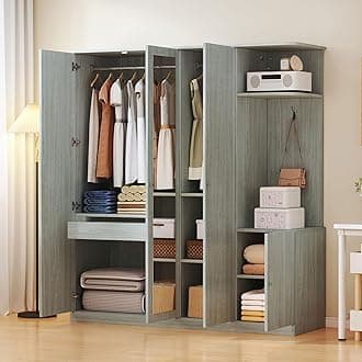 Quarte 4-Door Wardrobe with Full-Length Mirror, Shoe Storage & Anti-Tip Design, Modern Closet Organizer in White/Gray/Natural Wood (Gray/nn)