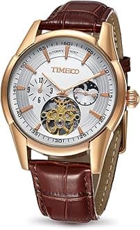 TIME100 Men's Automatic Watch Navigator-Series Tourbillon-Style Dual Time Zone Business Calendar Mechanical Watch Leather Strap