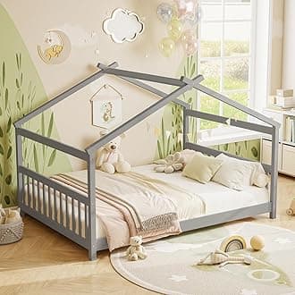KOMFOTT Full Floor House Bed with Headboard & Footboard, Wood Floor Bed Frame with Roof for Boys & Girls, No Box Spring Needed, Wooden Montessori Bed Full Size (Grey)