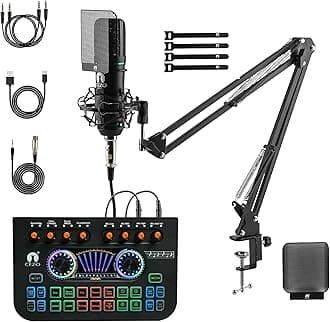 CEZO Professional Condenser Microphone with X3 Sound Card | Condeser Mic Set with Compact Microphone Pop Shield |Live Sound Card| Boom Arm Stand| Shock Mount for Recording Podcasting & Live Streaming
