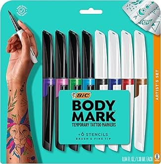 BIC BodyMark Temporary Tattoo Markers for Skin, Artist's Set, Mixed Tip, 8-Count Pack of Assorted Colors, Skin-Safe*, Cosmetic Quality