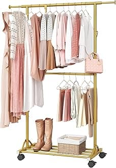 Hoctieon Clothing Garment Rack with Bottom Shelf, Heavy Duty Double Rods Clothes Hanging Rack with Wheels, Extendable Rolling Garment Rack with 2 Hooks, Commercial Clothing Storage Display, Gold