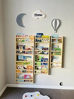 Handmade Natural Solid Wood Montessori Narrow Kids Bookshelf, Wall Mounted Tall Skinny Book Shelf, Space Saver Book Rack for Nursery, Living Room 3-Tier, 4-Tier, 5-Tier (24, 4 Tier)