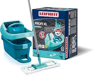 Leifheit Profi XL Mop and Bucket Set, Deluxe 42 cm Large Floor Mop, Easy-Steer Micro Fibre Mop Head and Profi Wringer Bucket with Rollers, Turquoise