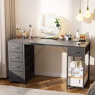 LUCKRACER Vanity Desk with 5 Fabric Drawers & Storage Shelves, Makeup Dressing Table, Computer Desks for Home Office Bedroom, Black, No Mirror