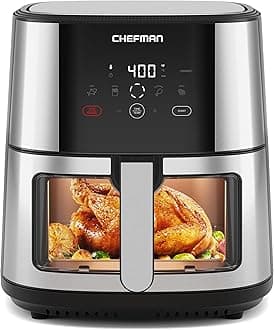CHEFMAN Easy-View Air Fryer – 8 Qt Family Size with Viewing Window, One-Touch Digital Control with 4 Presets, Nonstick & Dishwasher Safe, Broil, Roast, Dehydrate, Bake, Auto-Shutoff, Stainless Steel