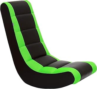 The Crew FurnitureClassic Video Rocker Floor Gaming Chair, Kids and Teens, Racing Stripe PU Faux Leather & Polyester Mesh, Black/Green