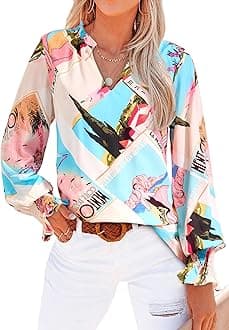 MASCOMODA Womens V Neck Floral Long Sleeve Tops 2025 Summer Casual Loose Puff Sleeve Chiffon Boho Work Blouse Dressy T Shirts