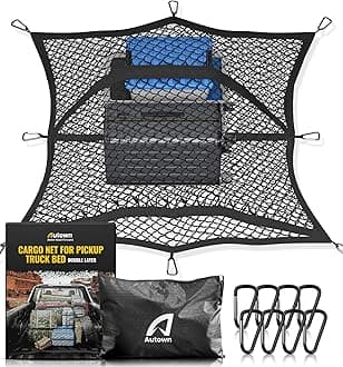 AUTOWN Cargo Net for Pickup Truck Bed - Stretchable 4'x4' to 7'x7', High Elastic Fine Mesh 1''x1'' with 8 Metal Carabiners - Ideal for ATV, SUV, UTV, Truck and Boat Use (Double Layer)