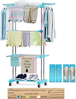 LIVINGBASICS 4 Shoe Drying Shelves with 3 Layer Clothes Stand for Drying/Cloth Drying Stand/Cloth Stand for Drying Clothes/Cloth Drying Stand for Balcony/Stainless Steel Dryer Rack (Cyan Blue)