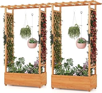 S AFSTAR 72 Inch Raised Garden Bed with Arch Trellis, Hanging Roof & Drainage Holes, 2 Pieces Vertical Plant Container for Vine Climbing Plant Flower, Outdoor Wood Elevated Planter Box for Garden