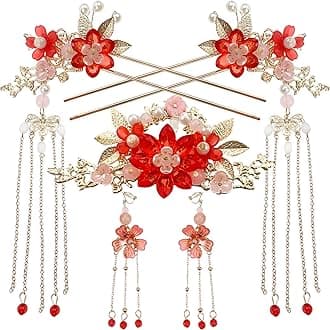 Traditional Chinese Wedding Hair Accessories, Red and Pink Pearl Flower Tassel Hairpins with Gold Chain, Vintage Hanfu Style Hair Clips, 5 Piece Set