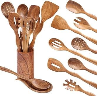 10Pcs Wooden Spoons for Cooking with Spoon Rest & Holder, 12inch Wooden Kitchen Utensil Set, Non stick, Non Scratch, Natural Teak Wooden Utensils for Cooking