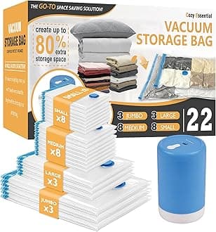 Cozy Essential Vacuum Storage Bags with Electric Pump, 22 Pack (3 Jumbo/3 Large/8 Medium/8 Small) Vacuum Seal Space Saver Bags for Clothing, Pillows, Blanket, Bedding, Comforters