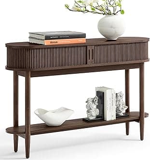 LINSY HOME Fluted Console Table, Mid-Century Modern Entryway Cabinet with Sliding Tambour Doors, Narrow Long Sofa Table, Behind-The-Couch Table for Living Room, Hallway (Brown Oak)