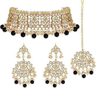 Elegant Indian Faux Kundan Studded Choker Necklace with Maang Tikka Set Ethnic Wedding Wear Bharatanatyam jewellery set Gift for Women