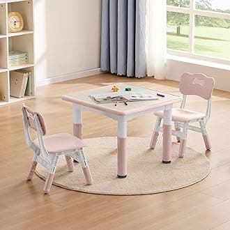 Kids Study Table and Chairs Set, Height Adjustable Toddler Table and Chair Set for Kids Ages 3-8, 23.6" L x 23.6" W Graffiti Desktop Plastic Children Art Table with 2 Seats, W-Pink