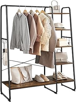 VASAGLE Clothes Rail Clothes Rack with Shoe Rack, 5 Tier Storage Rack, 6 Side Hooks, for Bedroom, Living Room, Rustic Brown and Black RGR116B01