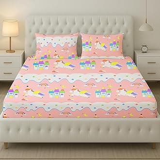 Unicorn Star Bed Sheet for Girls Kid bedsheet for Double Bed Microfiber Cartoon bedsheet 240 TC Soft | Queen Size (90x90 Inches/Boys and Girls Room)(Peach)