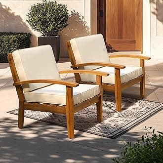 IDZO Club Chairs Laurent 500lbs Capacity Acacia Outdoor Set of 2, FSC Teak Finish Patio Furniture Sets with 3.9in Thick Cushion, Appropriate for Garden Porch, Wood_Beige