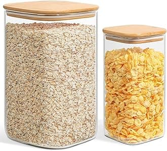 ComSaf1500 ml / 4600 ml Storage Jars with Lid, Set of 2, Diameter 15 cm, Biscuit Jars, Square Storage Jars with Lid, Airtight Wood, Decorative Storage Jars for Kitchen, for Rice, Pasta, Oats,