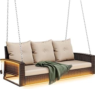 YITAHOME 3 Seats Patio Porch Swing, Outdoor Wicker Hanging Bench Rattan Chair Seat with LED Lights & Soft Cushions for Outside, Garden, Backyard, Lawn, Light Brown & Beige