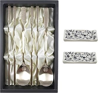 Korean Chopsticks Spoon 2 Set - METAL STAINLESS STEEL Titanium Plating -Printed Hangul Characters with ceramic rest rack (Hangul_Gold2P_RestRack)