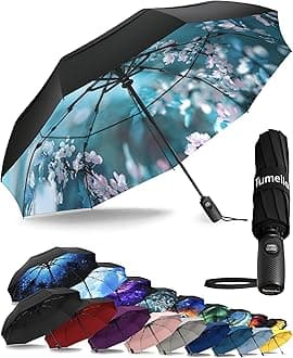 TUMELLA Strongest Windproof Travel Umbrella (Compact, Superior & Beautiful), Small Strong but Light Portable and Automatic Folding Rain Umbrella, Durable Premium Grip, Fits Car & Backpack, Blossom