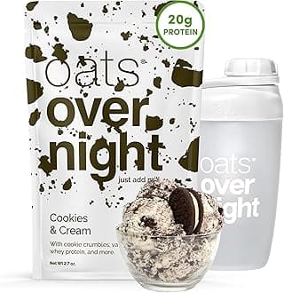 Cookies & Cream - Overnight Oats with 20g Whey Protein, High Fiber Breakfast Protein Shake - Gluten Free Oatmeal, Non GMO High Protein Oatmeal (2.7 oz per Meal) (8 Pack + Shaker Bottle)