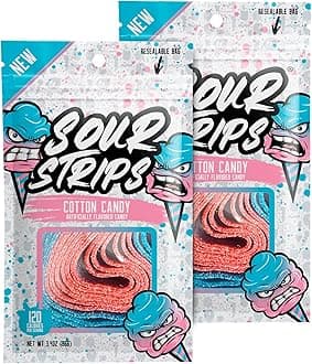 SOUR STRIPS Cotton Candy Flavored | Deliciously Chewy Belts Vegetarian Candies, 12 per Pack, 2 Pack