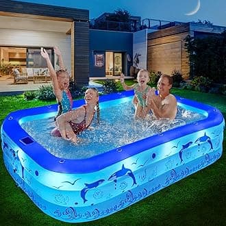Inflatable Pool with Lights, Upgraded Family Inflatable Swimming Pools for Kids,Adults,Blow up Pool Solar Powered, Large Kiddle Pools,105"x65"x25''Oversized Pools for Backyard-Dark Blue