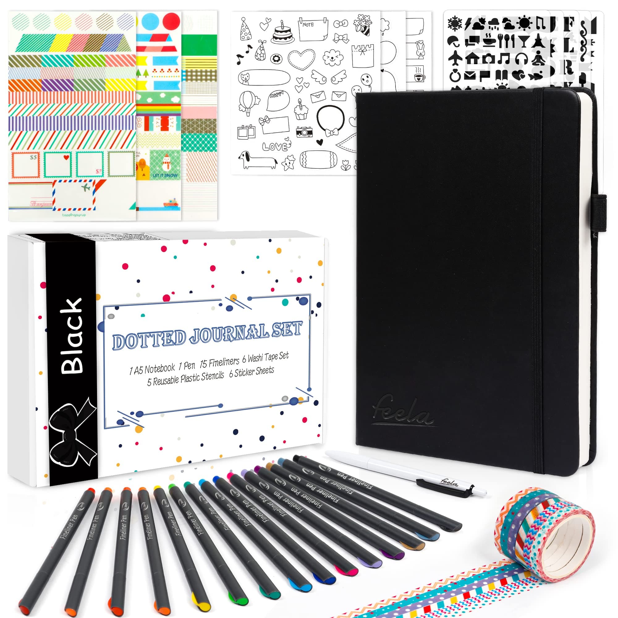 feela Dotted Journal Kit, Dot Grid Journal Hardcover Planner Notebook Set For Beginners Women Girls Note Taking with Journaling Supplies Stencils Stickers Pens Accessories, A5, 224 Pages, Black