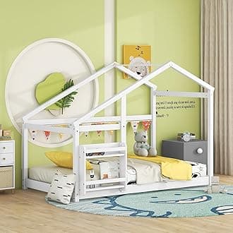 Bellemave House Bed for Kids, Twin Floor Bed, Pine Wood House Floor Bed, Montessori Bed for Kids, White with Shelf