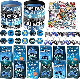 98 PCS Gaming Party Bag Fillers Gamer Party Favours with Gaming Keychain Party Bags Button Stickers Miner Party Supplies Goodie Bag Fillers for Kids Boys (Blue)