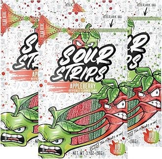 Sour Strips Sour Candy Belts, Appleberry, Resealable Candy Bags, 3.4 Ounce (Pack of 3)