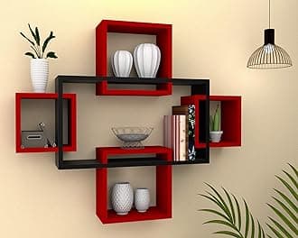 vudy Exclusively Designed Wall Shelf with 5 intersecting Decorative Living Room Shelves (Black & Red, Glossy,Engineered Wood)